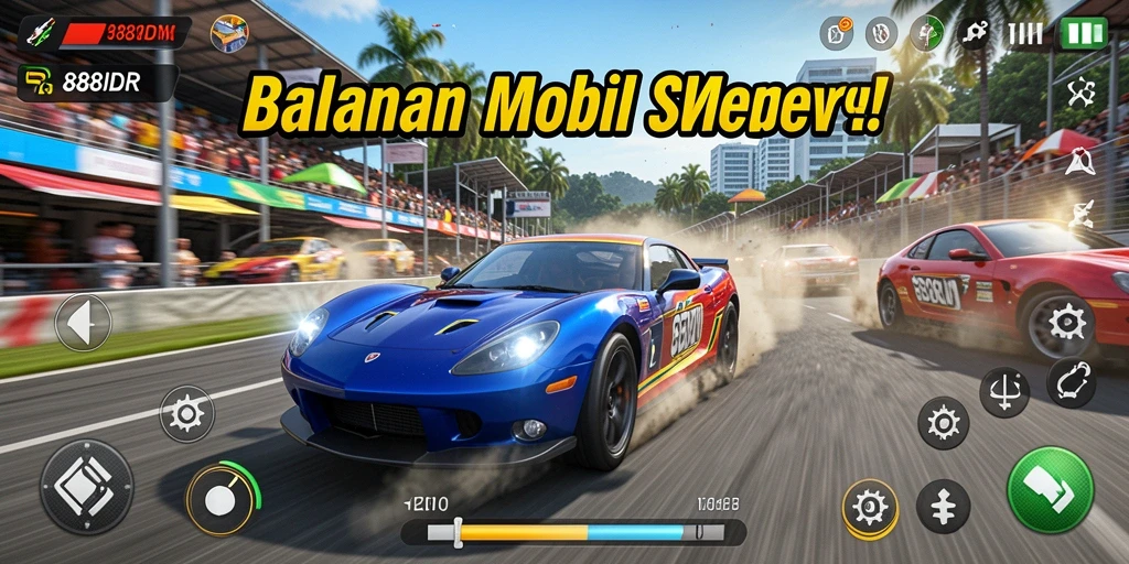 Tampilan gameplay balapan yang mendebarkan di 888IDR dengan mobil dan trek yang variatif.