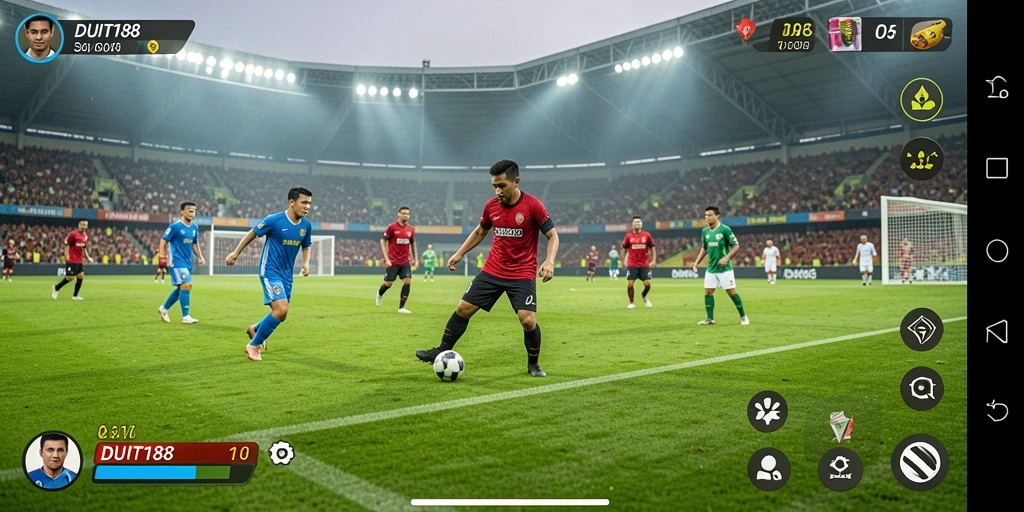 Tampilan gameplay seru di dalam DUIT188 yang menggambarkan aksi sepak bola.