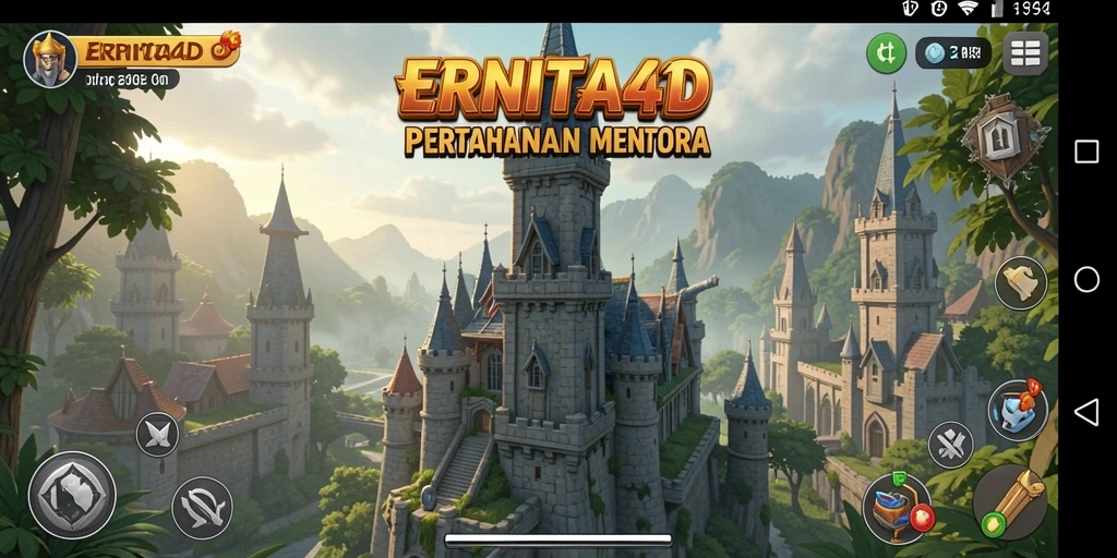 Tangkapan layar gameplay ERNITA4D yang menunjukkan menara dan pertempuran musuh.
