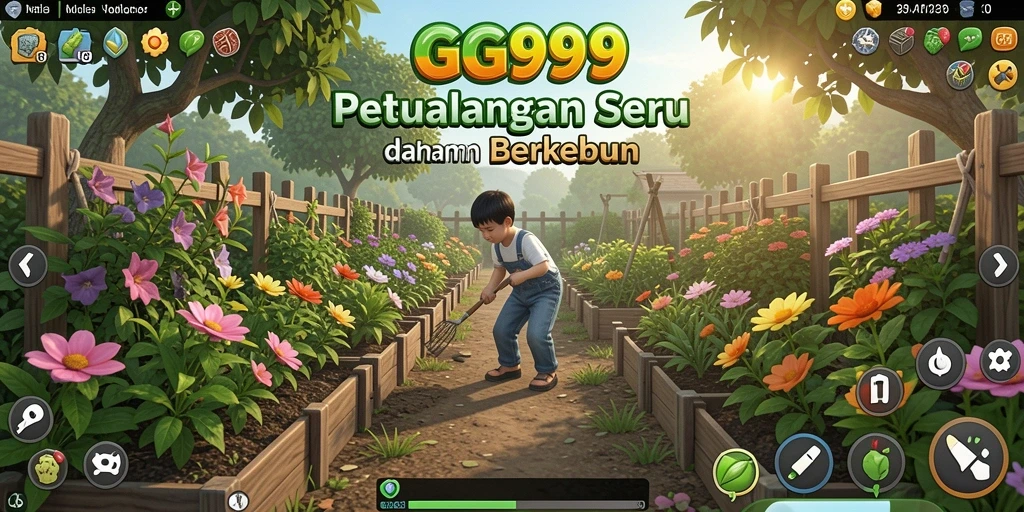Tampilan gameplay GG999 dengan kebun yang subur dan hewan ternak yang aktif.